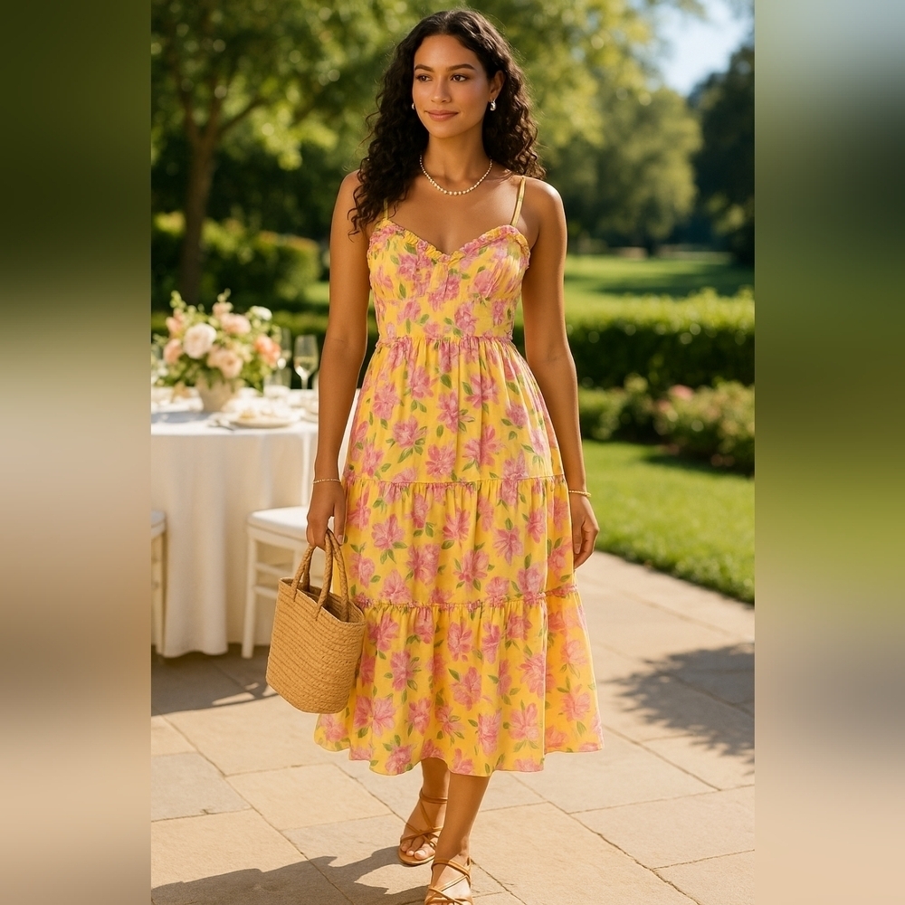 Summer Wedding Guest Dress Cottagecore XL Floral Palm Beach Yellow Smocked